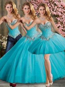 Aqua Blue Sweetheart Neckline Beading 15 Quinceanera Dress Sleeveless Lace Up