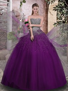 Floor Length Purple Vestidos de Quinceanera Tulle Sleeveless Beading