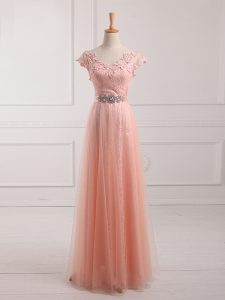 Short Sleeves Tulle and Lace Floor Length Lace Up Mother of Groom Dress in Peach with Beading and Lace and Appliques
