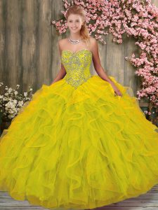 Ball Gowns Quince Ball Gowns Yellow Green Sweetheart Tulle Sleeveless Floor Length Lace Up