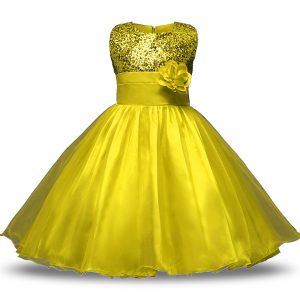 Ideal Sleeveless Knee Length Bowknot and Belt and Hand Made Flower Zipper Toddler Flower Girl Dress with Yellow