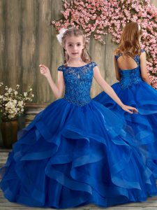 Royal Blue Cap Sleeves Beading and Ruffles Lace Up Pageant Gowns For Girls