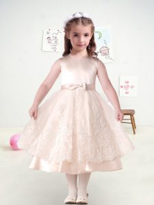 Sweet Champagne Zipper Flower Girl Dress Lace and Bowknot and Belt Sleeveless Tea Length