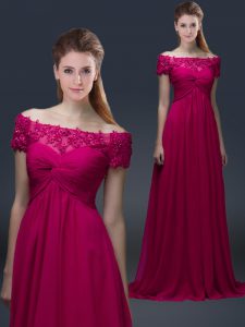 Fuchsia Short Sleeves Chiffon Lace Up Mother Dresses for Prom and Party