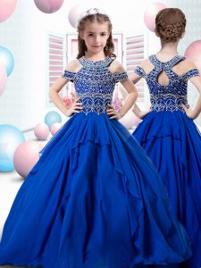 Beautiful Royal Blue Ball Gowns Beading and Ruffles Little Girl Pageant Dress Criss Cross Chiffon Sleeveless Floor Lengt