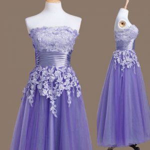 Edgy Lavender Empire Appliques Wedding Party Dress Lace Up Tulle Sleeveless Tea Length