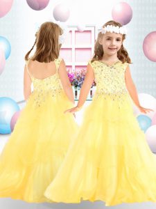 Yellow A-line V-neck Long Sleeves Organza Floor Length Backless Beading Pageant Gowns For Girls
