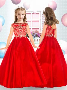 Red Taffeta Lace Up Little Girls Pageant Gowns Cap Sleeves Floor Length Beading