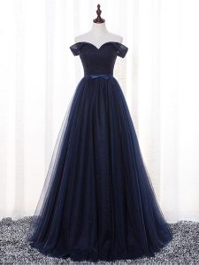 Beauteous Floor Length Lace Up Wedding Party Dress Navy Blue for Prom and Party and Wedding Party with Belt