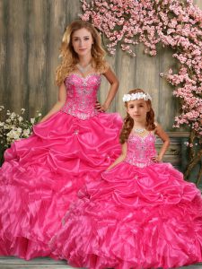 Hot Pink Ball Gowns Taffeta Sweetheart Sleeveless Beading and Ruffles Floor Length Lace Up 15th Birthday Dress