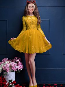 Sexy Mini Length Gold Court Dresses for Sweet 16 Scalloped 3 4 Length Sleeve Lace Up