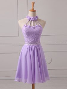 Fantastic Chiffon Halter Top Sleeveless Lace Up Lace and Appliques Court Dresses for Sweet 16 in Lavender