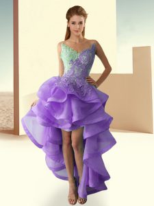 Noble Purple Homecoming Dress Prom and Party with Lace and Appliques and Ruffles V-neck Sleeveless Backless