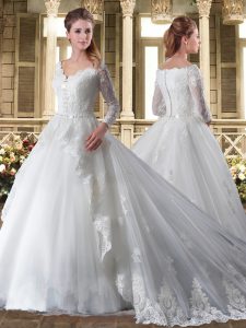 White Wedding Dresses V-neck Long Sleeves Court Train Clasp Handle
