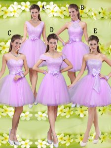 Most Popular Lilac Tulle Lace Up Sweetheart Sleeveless Knee Length Quinceanera Dama Dress Lace and Belt