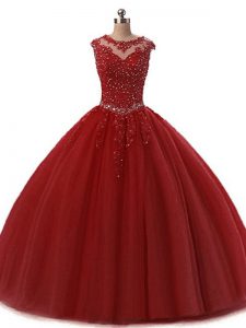 Fashionable Floor Length Burgundy Quinceanera Gowns Scoop Sleeveless Lace Up