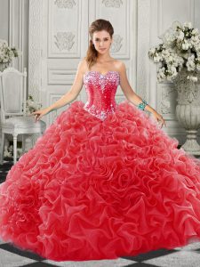 Lace Up Quinceanera Dresses Red for Military Ball and Sweet 16 and Quinceanera with Beading and Ruffles Court Train