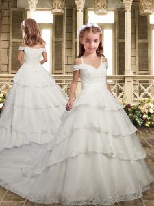 White Lace Up Flower Girl Dress Lace and Ruffled Layers Cap Sleeves Brush Train