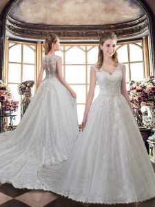 Hot Sale Court Train A-line Wedding Dresses White V-neck Lace Sleeveless Clasp Handle