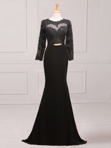 Suitable Black Scoop Side Zipper Lace and Appliques and Belt Mother of the Bride Dress Brush Train Long Sleeves