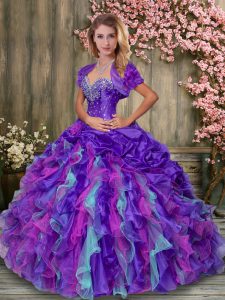 Noble Multi-color Sweetheart Neckline Beading and Ruffles and Pick Ups Quince Ball Gowns Sleeveless Lace Up
