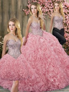 Fitting Pink Quinceanera Gown Fabric With Rolling Flowers Brush Train Sleeveless Beading