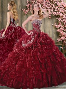 Charming Burgundy Lace Up Vestidos de Quinceanera Beading and Embroidery and Ruffles Sleeveless Brush Train