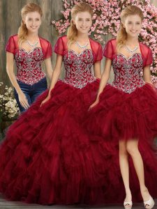 Customized Wine Red Sleeveless Beading and Ruffles Floor Length Quinceanera Gowns