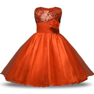 Enchanting Orange Red Sleeveless Knee Length Bowknot and Belt and Hand Made Flower Zipper Flower Girl Dresses for Less