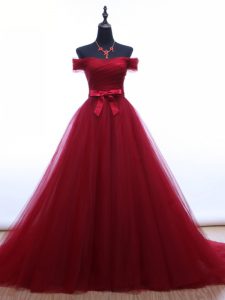 Dramatic Burgundy Sleeveless Tulle Brush Train Lace Up Juniors Evening Dress for Prom and Party