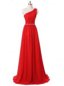 Spectacular Red Chiffon Side Zipper One Shoulder Sleeveless Floor Length Wedding Party Dress Beading and Ruching