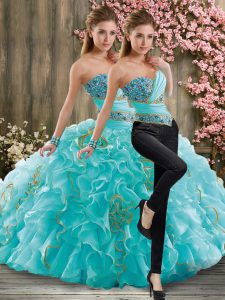 Hot Sale Aqua Blue Sleeveless Beading and Ruffles Lace Up Quinceanera Dress