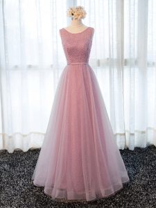 Top Selling Beading and Belt Evening Dress Pink Zipper Sleeveless Floor Length