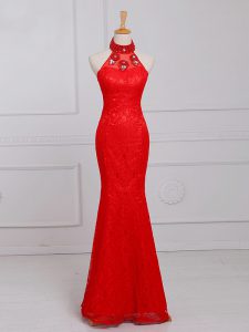 Floor Length Red Evening Dresses Lace Sleeveless Beading and Lace