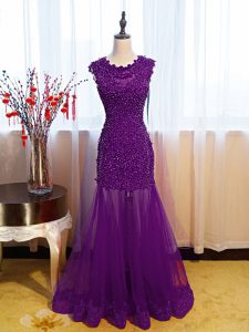 Super Eggplant Purple Mermaid Scoop Sleeveless Tulle Floor Length Side Zipper Beading and Lace and Appliques Juniors Eve