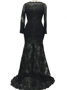 Glittering Black Long Sleeves Lace and Belt Backless Mother of Groom Dress