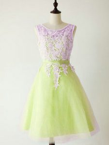 Fitting Yellow Green Lace Up Bridesmaid Gown Lace Sleeveless Knee Length