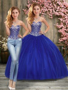 Sleeveless Tulle Floor Length Lace Up Quinceanera Dress in Royal Blue with Beading