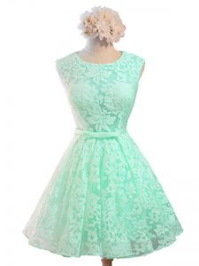 Knee Length Apple Green Bridesmaids Dress Scoop Sleeveless Lace Up