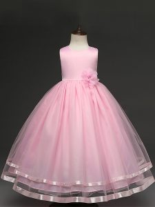 Great Tulle Scoop Sleeveless Zipper Hand Made Flower Flower Girl Dress in Baby Pink
