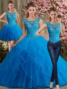 Beading and Embroidery Quinceanera Dress Blue Lace Up Sleeveless Floor Length