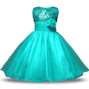 Turquoise Ball Gowns Scoop Sleeveless Organza and Sequined Knee Length Zipper Bowknot and Belt and Hand Made Flower Flow
