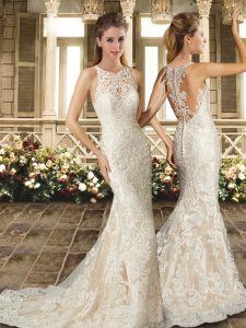 Most Popular Organza Scoop Sleeveless Sweep Train Clasp Handle Appliques and Embroidery Wedding Dresses in White