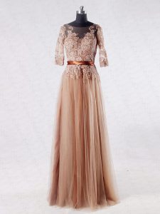 Free and Easy Floor Length Brown Mother Dresses Tulle Half Sleeves Lace and Appliques