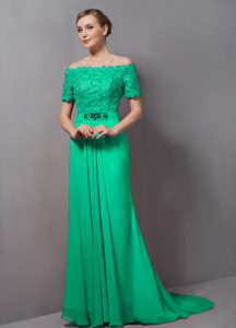 Green Empire Chiffon Off The Shoulder Short Sleeves Lace Zipper Mother of Groom Dress Sweep Train