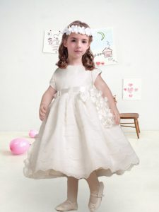 Tea Length White Toddler Flower Girl Dress Organza Short Sleeves Appliques and Ruffled Layers