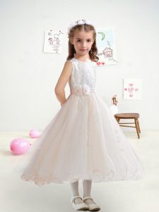 Super Baby Pink A-line Tulle Scoop Sleeveless Lace and Belt and Hand Made Flower Tea Length Zipper Flower Girl Dress