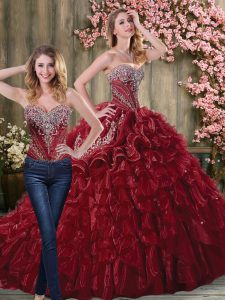 Graceful Wine Red Sleeveless Organza Brush Train Lace Up 15 Quinceanera Dress for Military Ball and Sweet 16 and Quincea