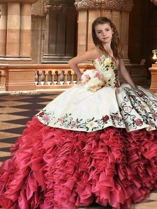 Low Price Strapless Sleeveless Little Girls Pageant Dress Brush Train Embroidery and Ruffles White And Red Organza