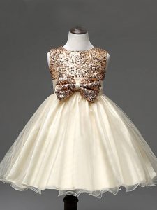 Custom Designed Champagne Scoop Neckline Sequins and Bowknot Child Pageant Dress Sleeveless Zipper
